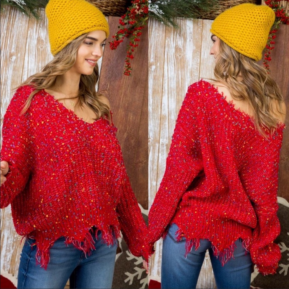 Red V-Neck Distressed Sweater - Picture 3 of 7